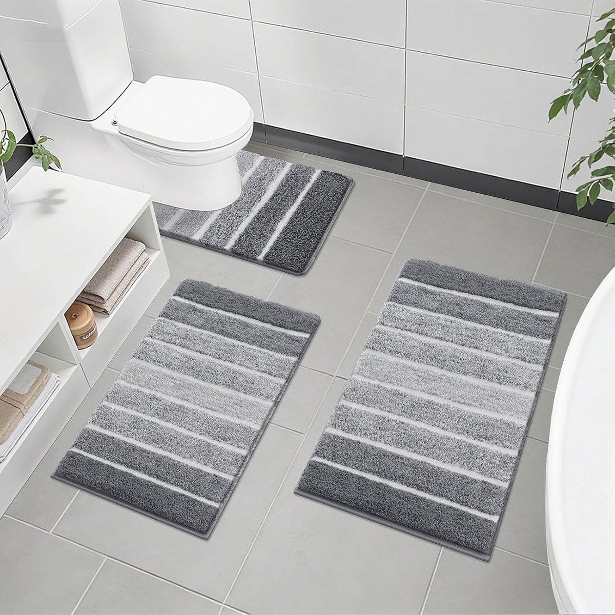 Zachte en Waterabsorberende Badmat Set van 3 Stuks - Antislip Grijs, Wasbaar en Comfortabel voor Badkamer 40 x 60 + 50 x 80 + 50 x 60 cm