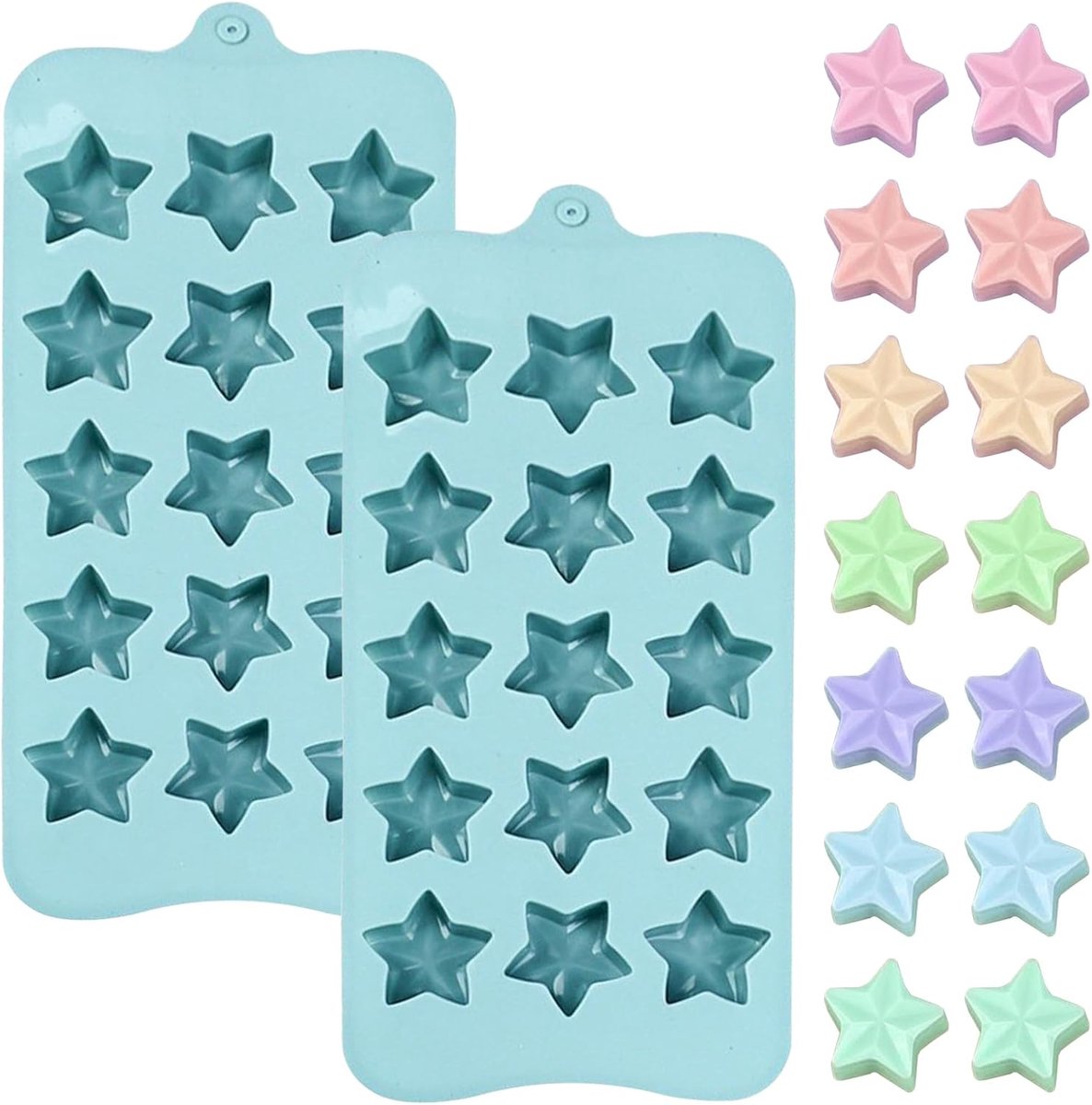 SnelShoppen - Silicone IJsblokjes Mallen Set van 2, 15 Sterren per Vorm, 21 x 11 cm, Turquoise, Makkelijk Schoon te Maken voor Feestjes en Drankjes