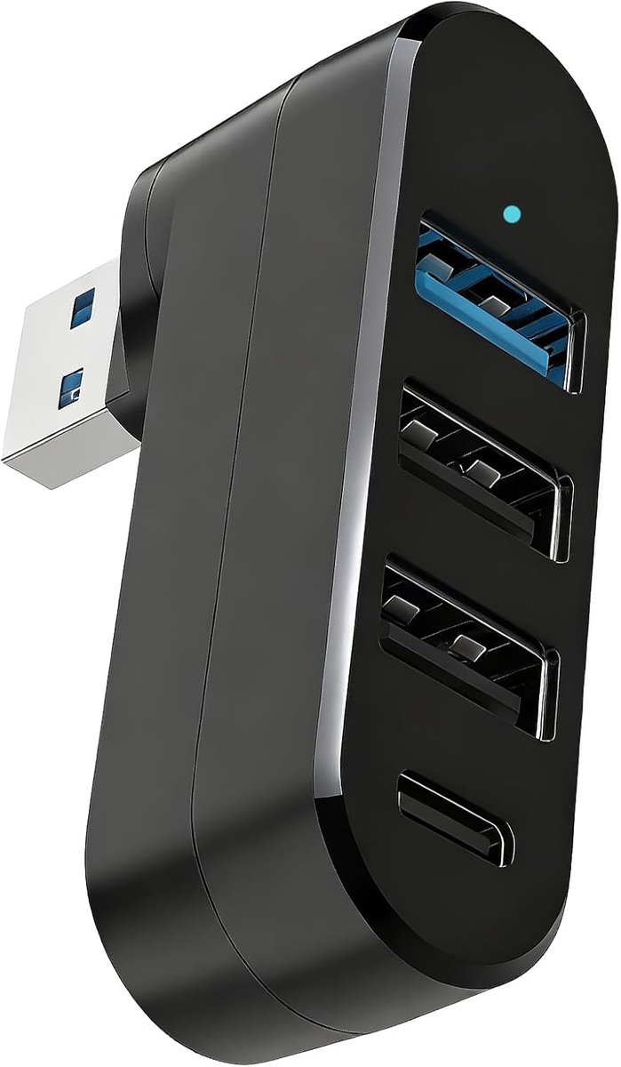 SnelShoppen - 4-Port USB 3.0 Hub met 2 x USB 2.0, Type-C Power/Data Poort, Rotatable 90°/180° voor Laptop, Auto en Meer