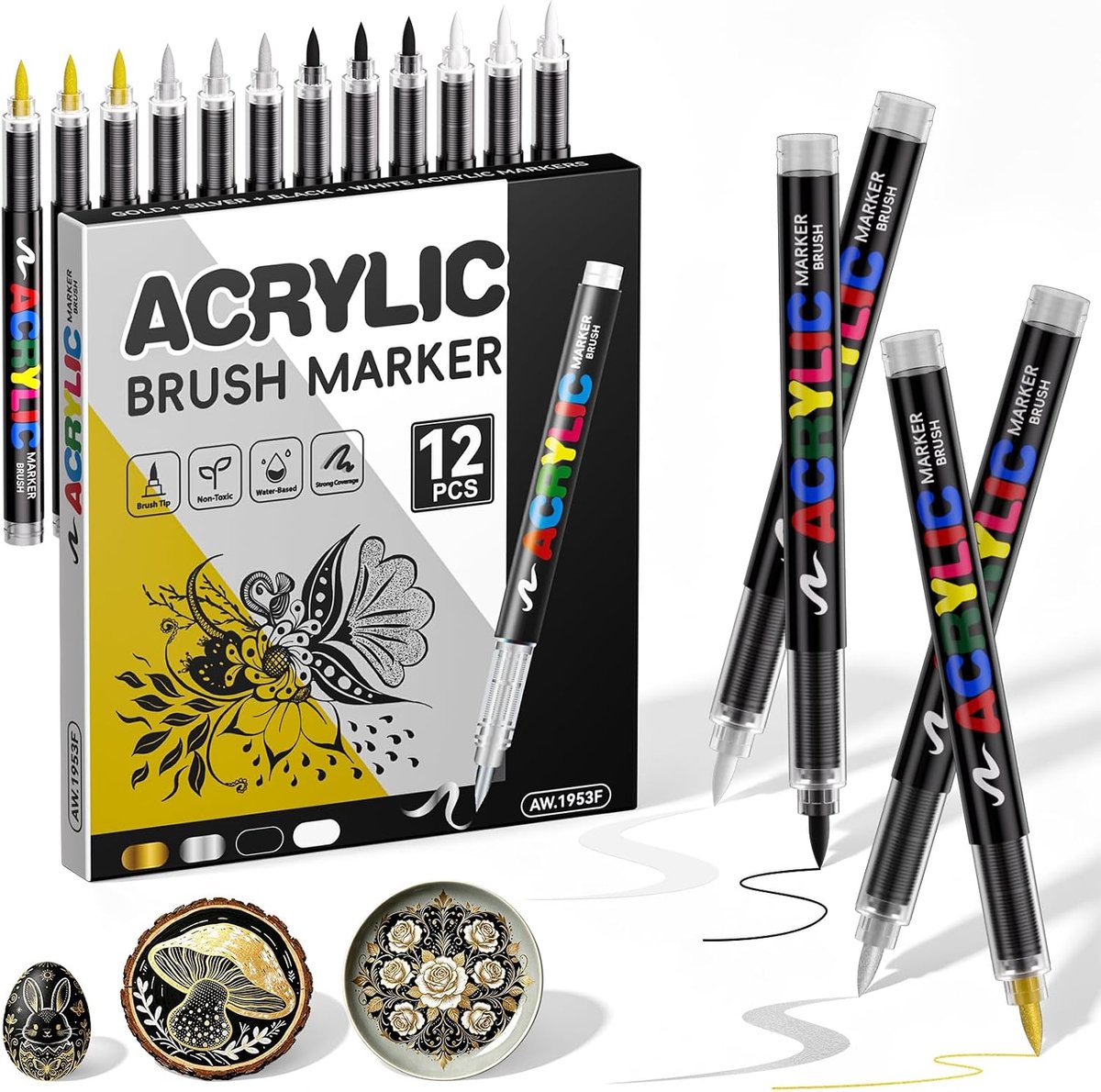 SnelShoppen - 12-delige Acrylverfstiften Set - 3 Goud, 3 Zilver, 3 Zwart, 3 Wit - Verfmarkers met Punt van 1-5 mm voor Rotsschilderen, Steen, Glas, Ke