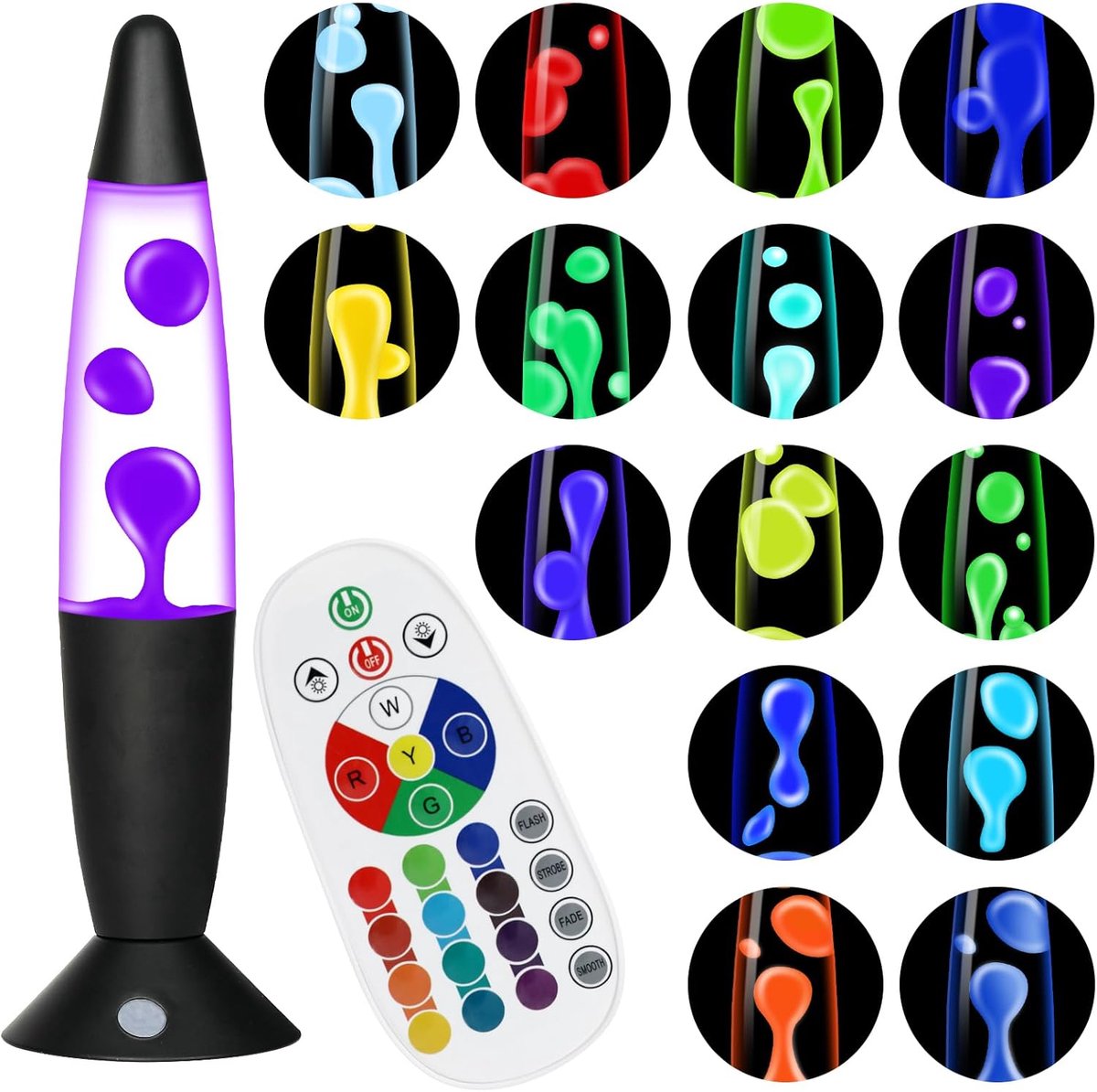 Decoratieve Lavalamp - Sfeerverlichting Glas - Ontspanning Thuis - 17 Kleuren Afstandsbediening - 34 cm Hoog - Zwarte Fles