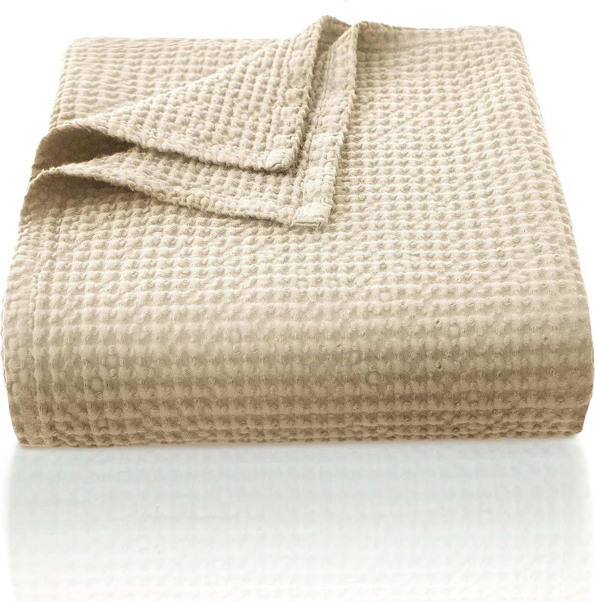 SnelShoppen - 100% Katoenen Dekentje 130 x 150 cm, Zachte en Ademende Waffle Patroon Bedspreid, Licht Dekentje voor Sofa en Woonkamer, Beige Kleur, Pe