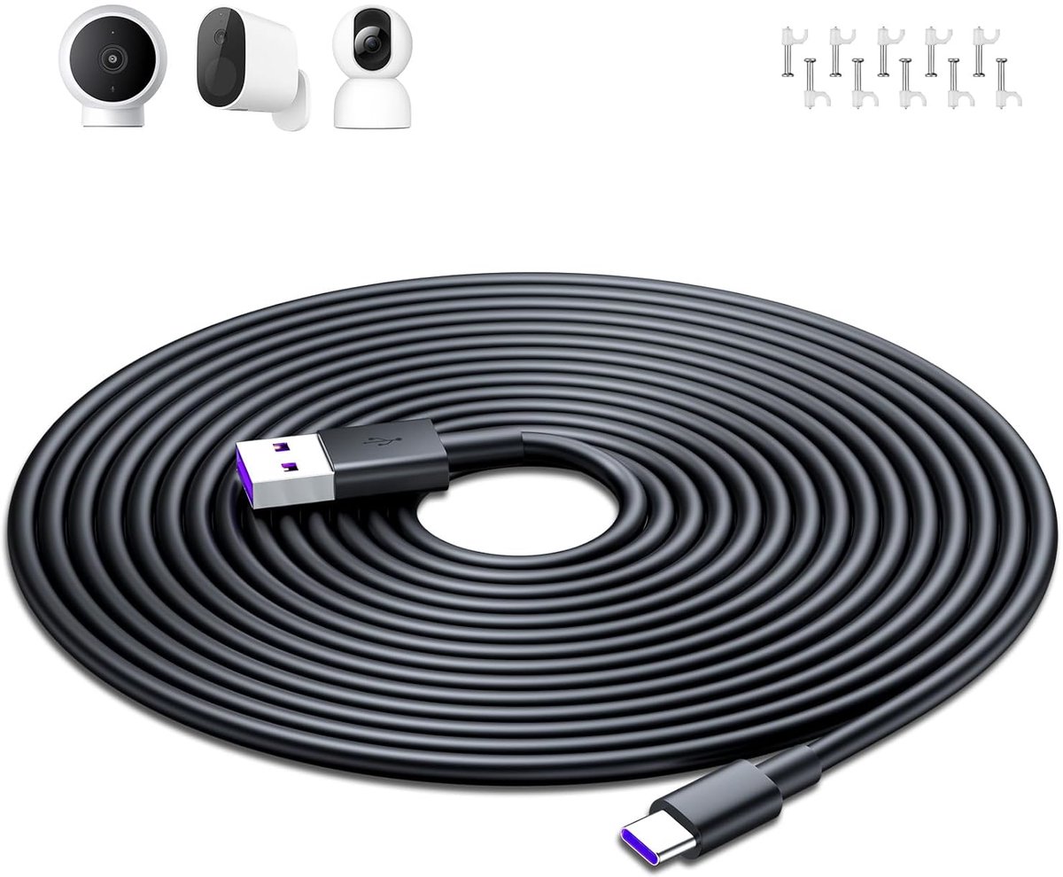 SnelShoppen - Extra Lange 10M USB-C Kabel voor Beveiligingscamera's, 2K Magnetisch, Extensie Kabel 1080p, Zwart, Geschikt voor Slimme Speakers en Meer