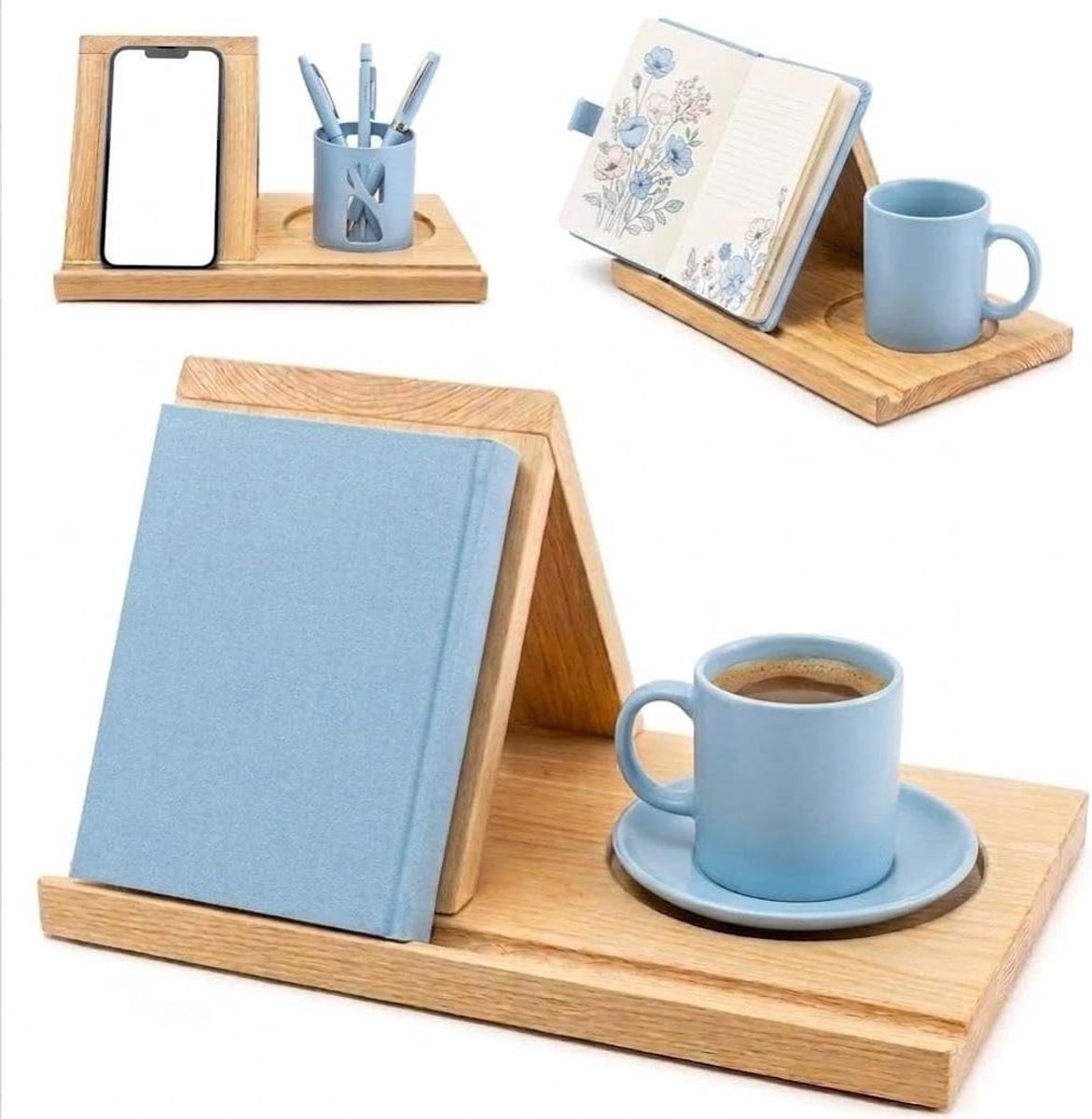 Driehoekige houten boekenstandaard voor tablets en e-readers, perfect voor lezen en als bureau boekenhouder, ideaal cadeau voor boekliefhebbers