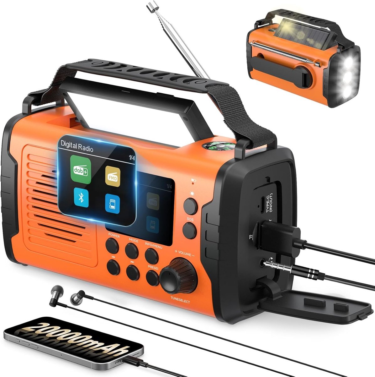 SnelShoppen - 20000mAh Wind Up Emergency Radio met DAB FM, Bluetooth 5.3, Alarm Klok, SOS Alarm, Zaklamp en Leeslamp - Oranje voor Camping, Noodsituat