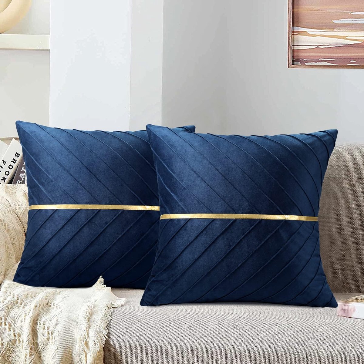 SnelShoppen - Modern Kussenhoes Set van 2, 50 x 50 cm, Elegant Donkerblauw Groene Velvet Kussenhoezen met Gouden Strepen voor Woonkamer en Slaapkamer
