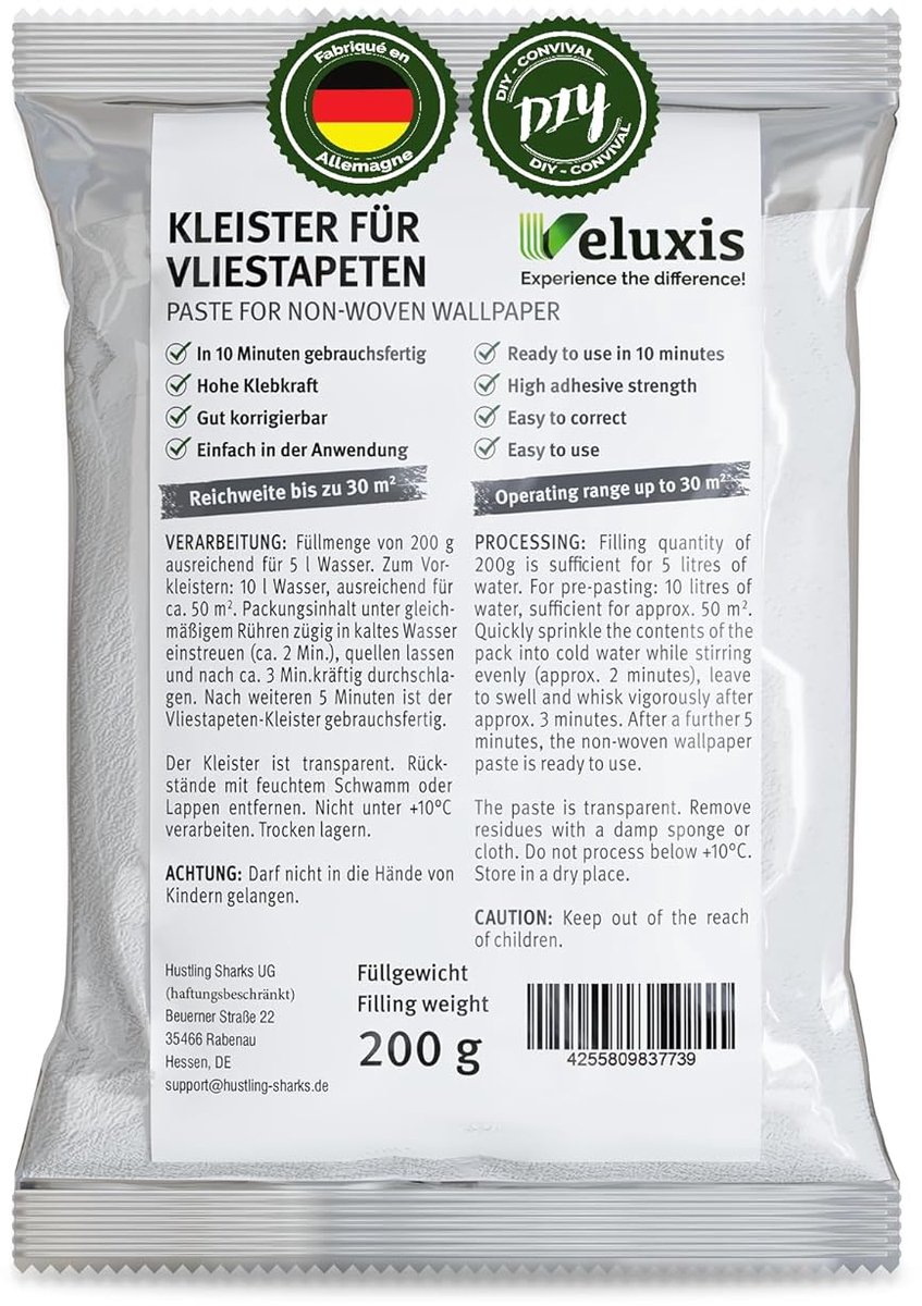 SnelShoppen - Non-woven behanglijm, kant-en-klare lijm, sterke hechting, 1 zak goed voor 30 m², vlekvrij en repositioneerbaar, perfect voor snel en ee