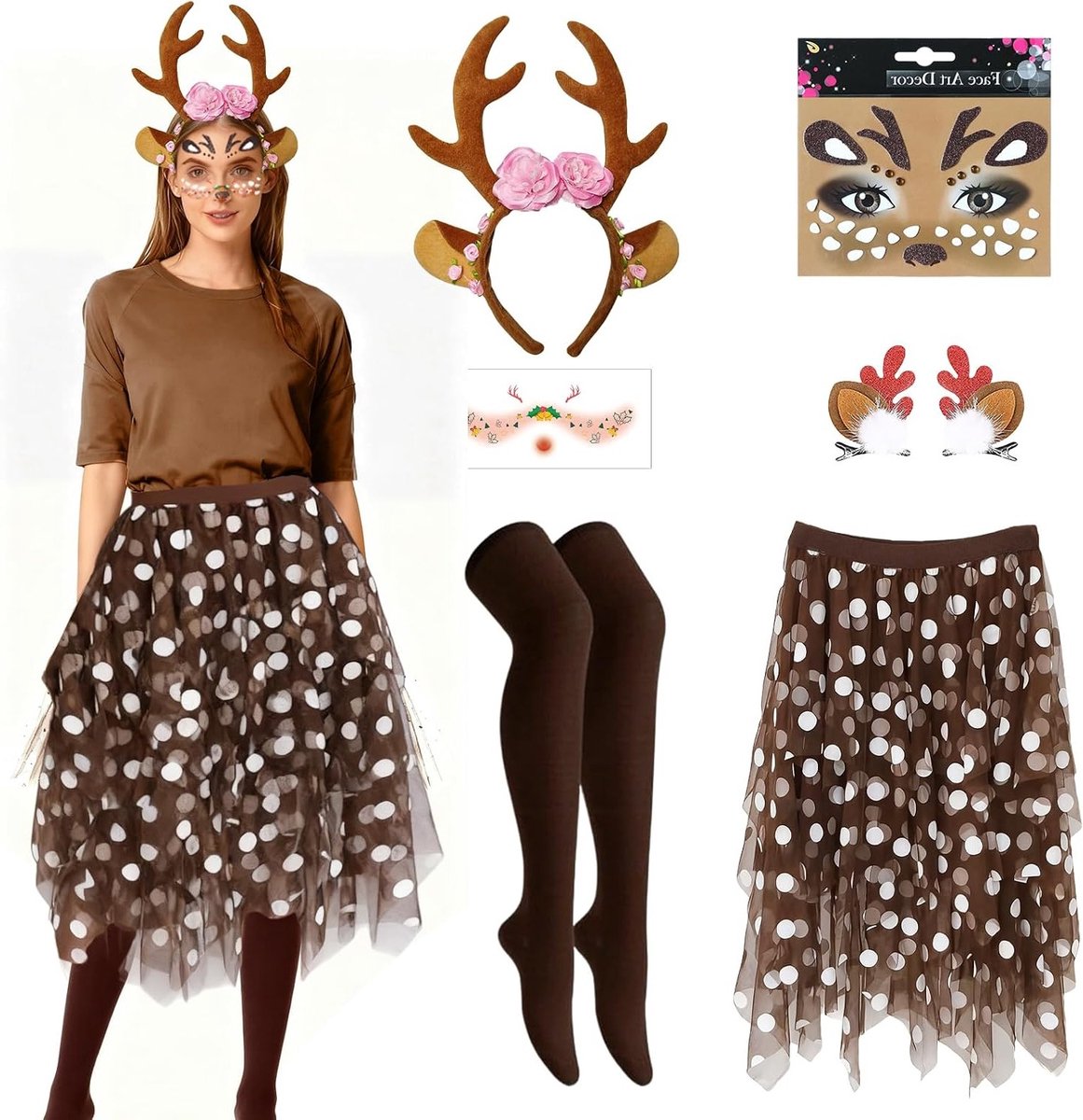 Vrouwelijk Kerstkostuum met Hertengeweien en Haarband voor Feestelijke Dierenoutfits en Carnaval