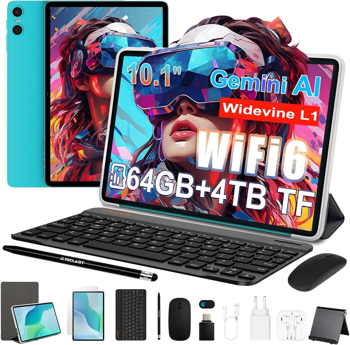 SnelShoppen - 10,1 inch Android Tablet met 10 Accessoires - 64 GB ROM + 4TB TF - Octa-Core, 5G WiFi, Widevine L1 - Inclusief Toetsenbord, Hoes, Pen, M