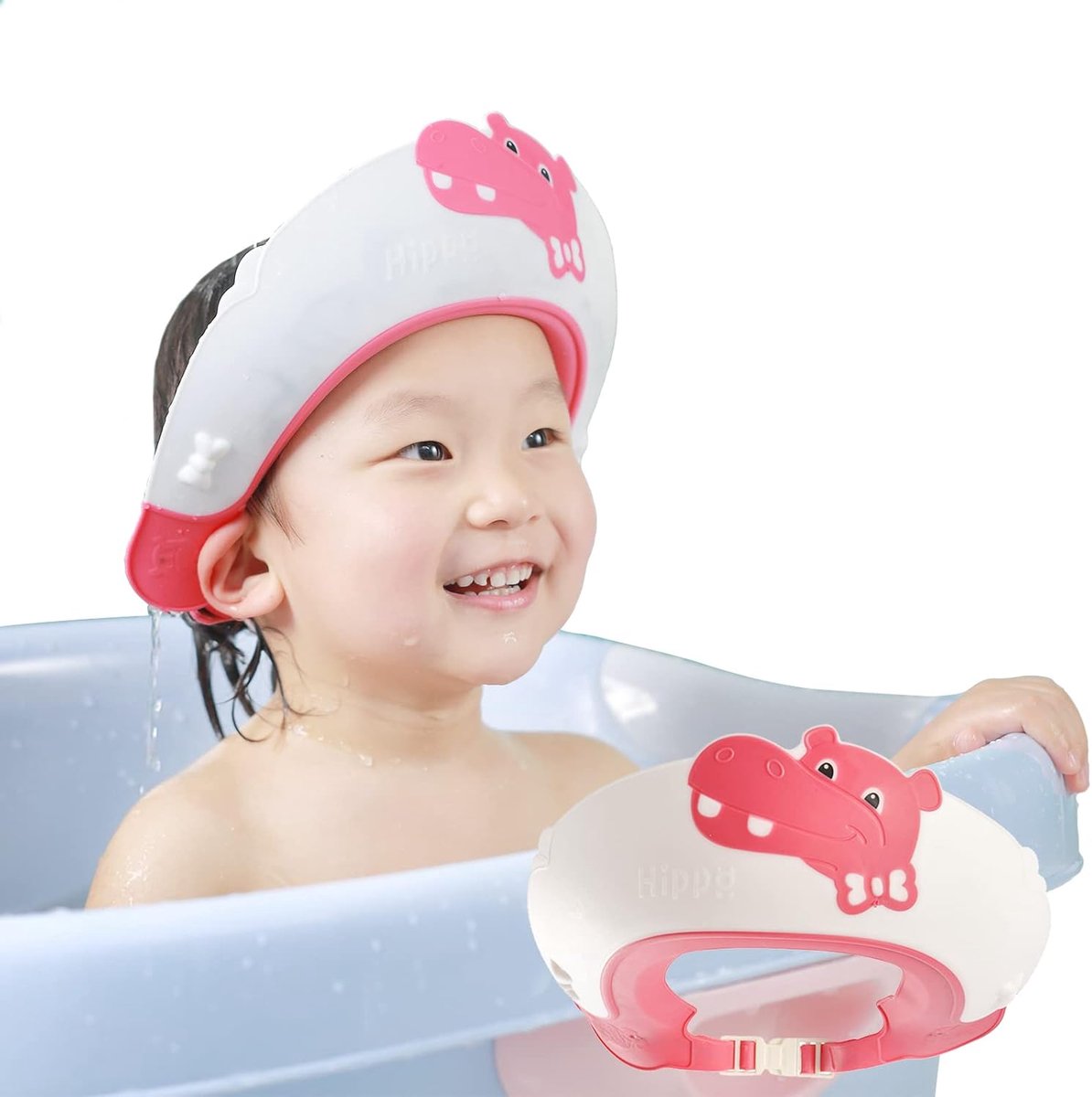 SnelShoppen - Baby Shower Cap Shield voor Kinderen, Verstelbare Zwemcap, Baby Haarwas Shield, Visor voor Ogen en Oren, Waterproof Hoed, Hippo (Roze)