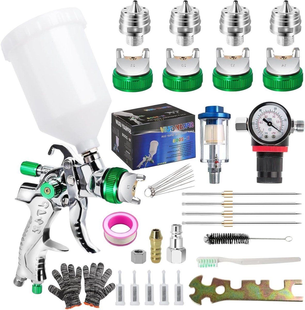 Complete HVLP Verfspuit Set met Drukregelaar en 4 Spuitmonden voor Precisieverf, Lak en Coatings