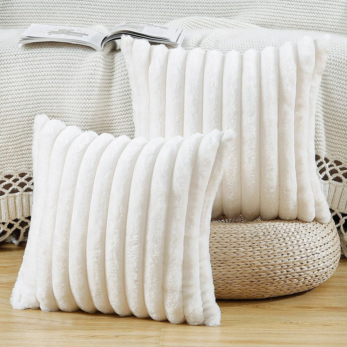 SnelShoppen - Set van 2 Fluffy Zachte Decoratieve Kussenhoezen 40x40cm - Neppels Wol Kussen Covers voor Sofa en Slaapkamer - Crème Wit - Luxe Polyeste
