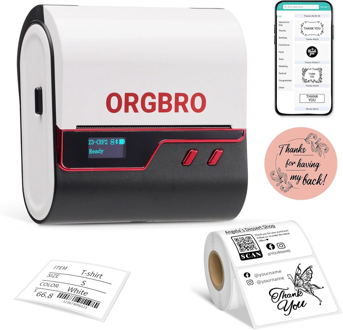 SnelShoppen - Bluetooth Thermische Label Maker Z3 - Draagbare Sticker Printer 2-8 cm voor Kantoor, Thuisorganisatie, Kleine Bedrijven, Barcode, Adresl