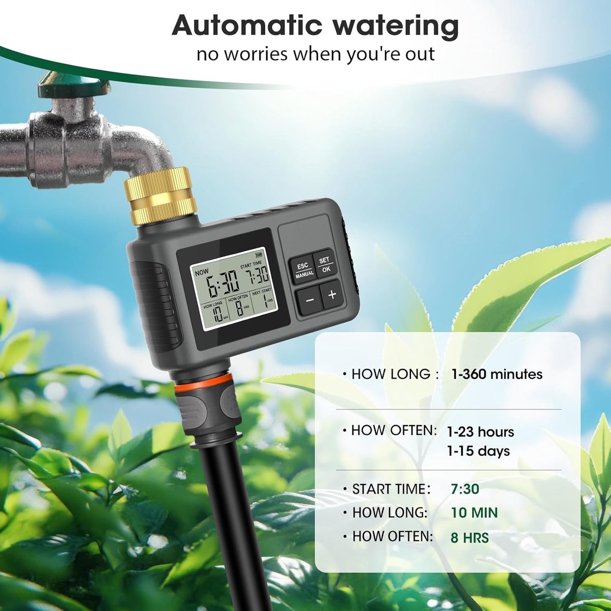 SnelShoppen - RIOGOO Tuin Kraan Timer - Programmeerbare Irrigatie Timer met Regen Sensor, Automatische Drip Irrigatie voor Tuin en Grond, 1 Uitlaat, P