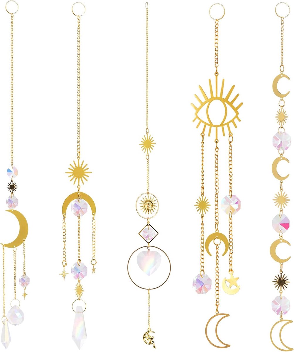 SnelShoppen - 5-delige Crystal Sun Catcher Set, Rainbow Makers van Kunststof Kristalglas voor Venster, Tuin, Wanddecoratie, Zon, Ster en Maan Ontwerpe