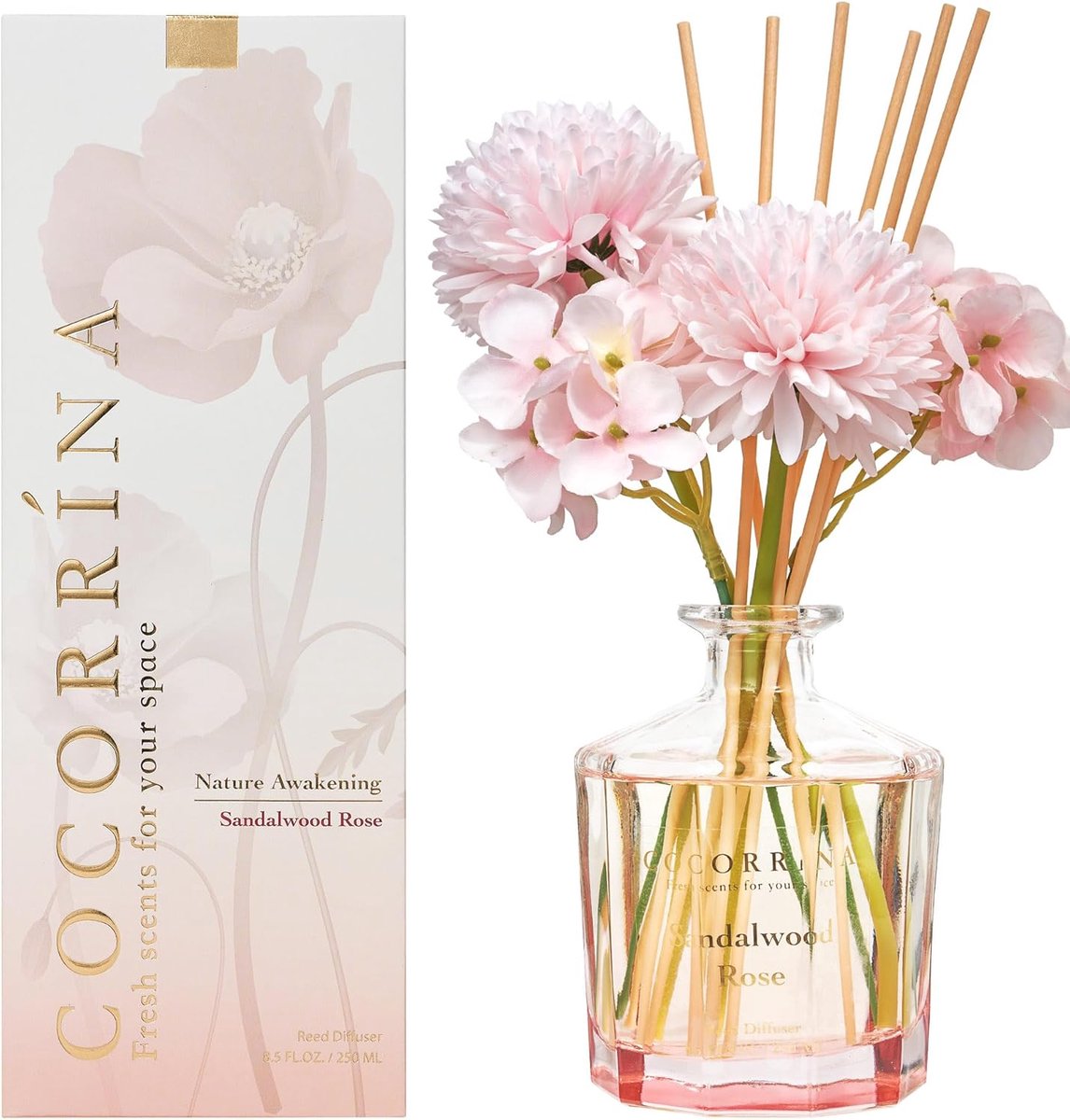 SnelShoppen - Geurverspreider Sandelhout Roze 250 ml met 8 Stokken - Decoratieve Geur Diffuser voor Badkamer, Woonkamer, en Feestjes
