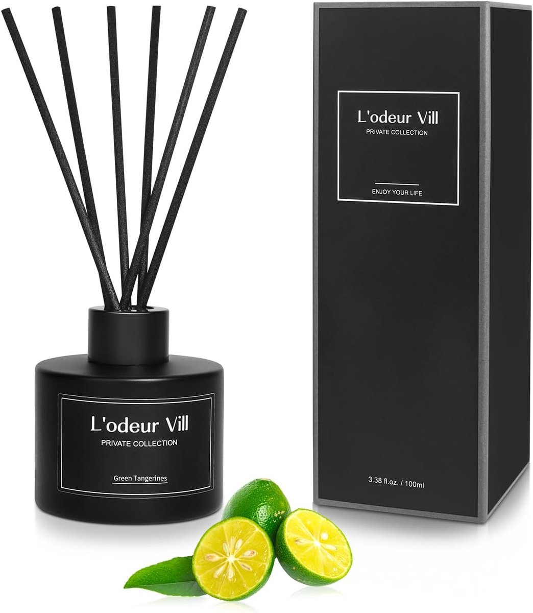 SnelShoppen - L'odeur Vill Raumgeur Riet Diffuser 100 ml - Luxe Aromageur Groene Mandarijnen met 8 Geurstokjes - Langdurige Geur voor Woonkamer, Slaap