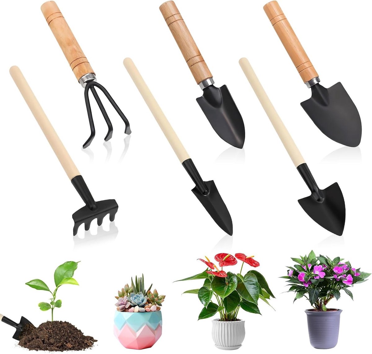 Mini Tuingereedschap Set - 6-delige Set met Houten Handvat voor Succulenten, Potplanten en Tuinonderhoud