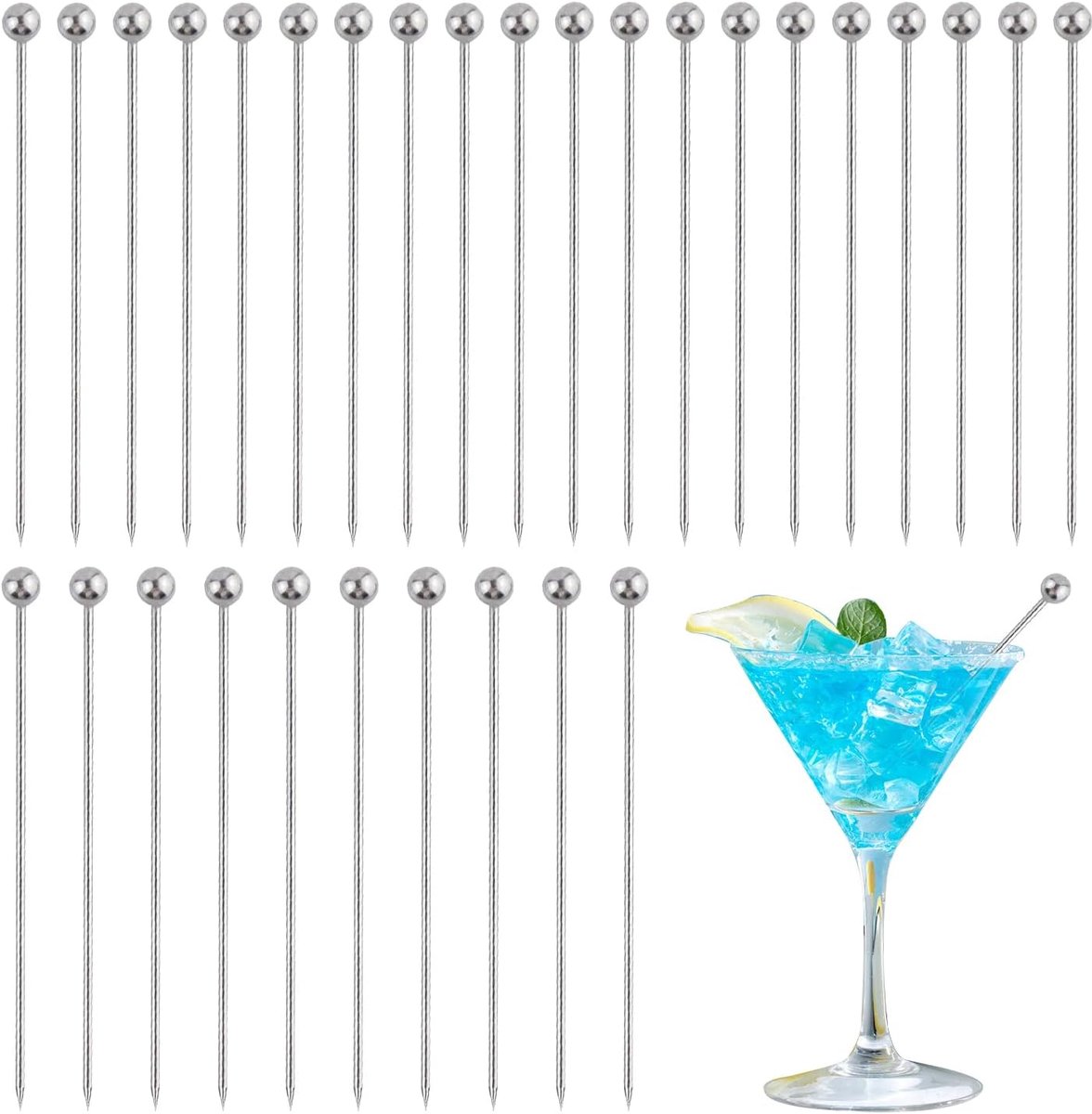 SnelShoppen - 30 Stuks Cocktail Picks - RVS Cocktail Stokken - Herbruikbare Drink Picks - Zilver - Perfect voor Feesten, BBQ, Aperitief, Sandwiches en