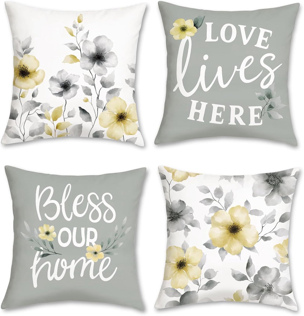 SnelShoppen - Set van 4 Watercolor Floral Kussenhoezen 45x45 cm - Grijs Gele Bloemen - Modern Farmhouse Velvet Decoratieve Kussens voor Sofa, Bed, Tui