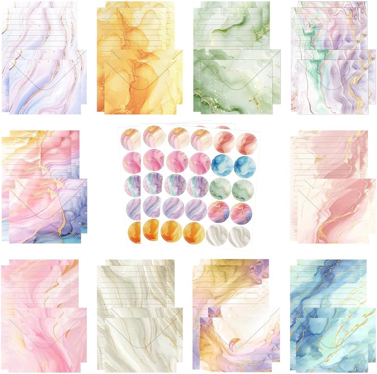 SnelShoppen - 160-delige Watercolor Stationery Set - Waterverf Briefpapier, Enveloppen, Stickers, 10 Design Variaties, Persoonlijke Notities, Dagboek,