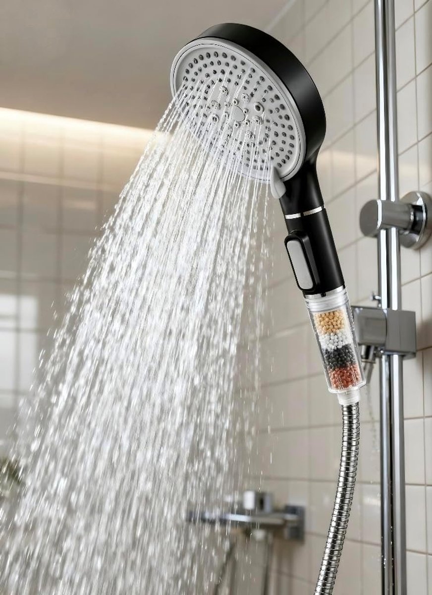 SnelShoppen - Waterbesparende Handdouche met 5 Jet Types, Mineralen Filter en Drukverhoging, 3-Lagen Filtratie, Wit, Geborsteld (Zwart)