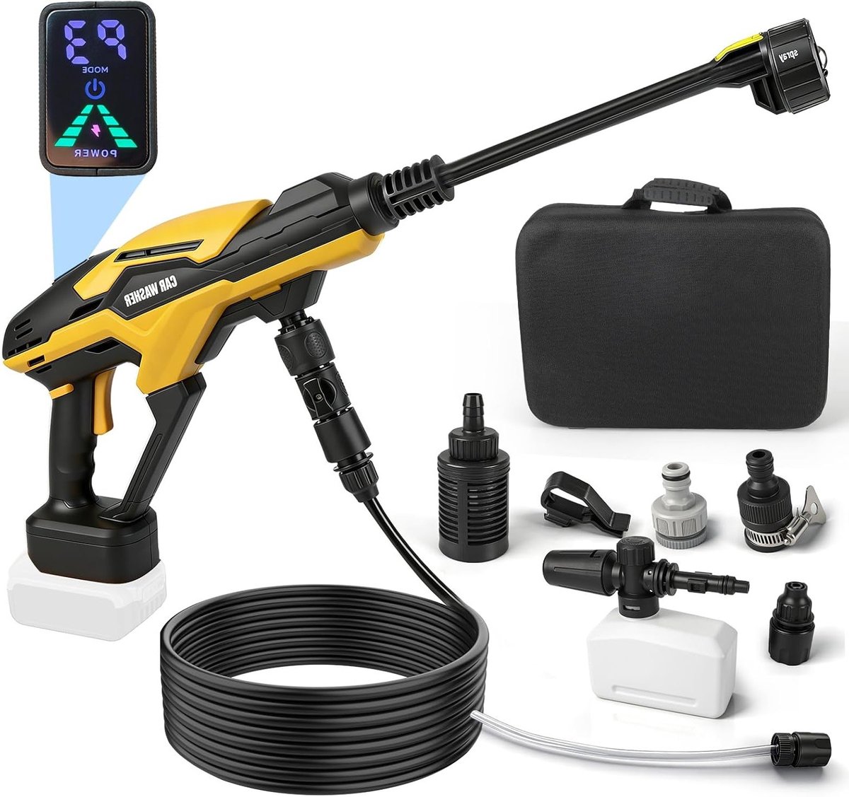 Draagbare hogedrukreiniger met verbeterde 3-zuiger-waterpomp, 68 bar, 6-in-1 mondstuk en touchscreen voor efficiënt reinigen van auto, terras en tuin