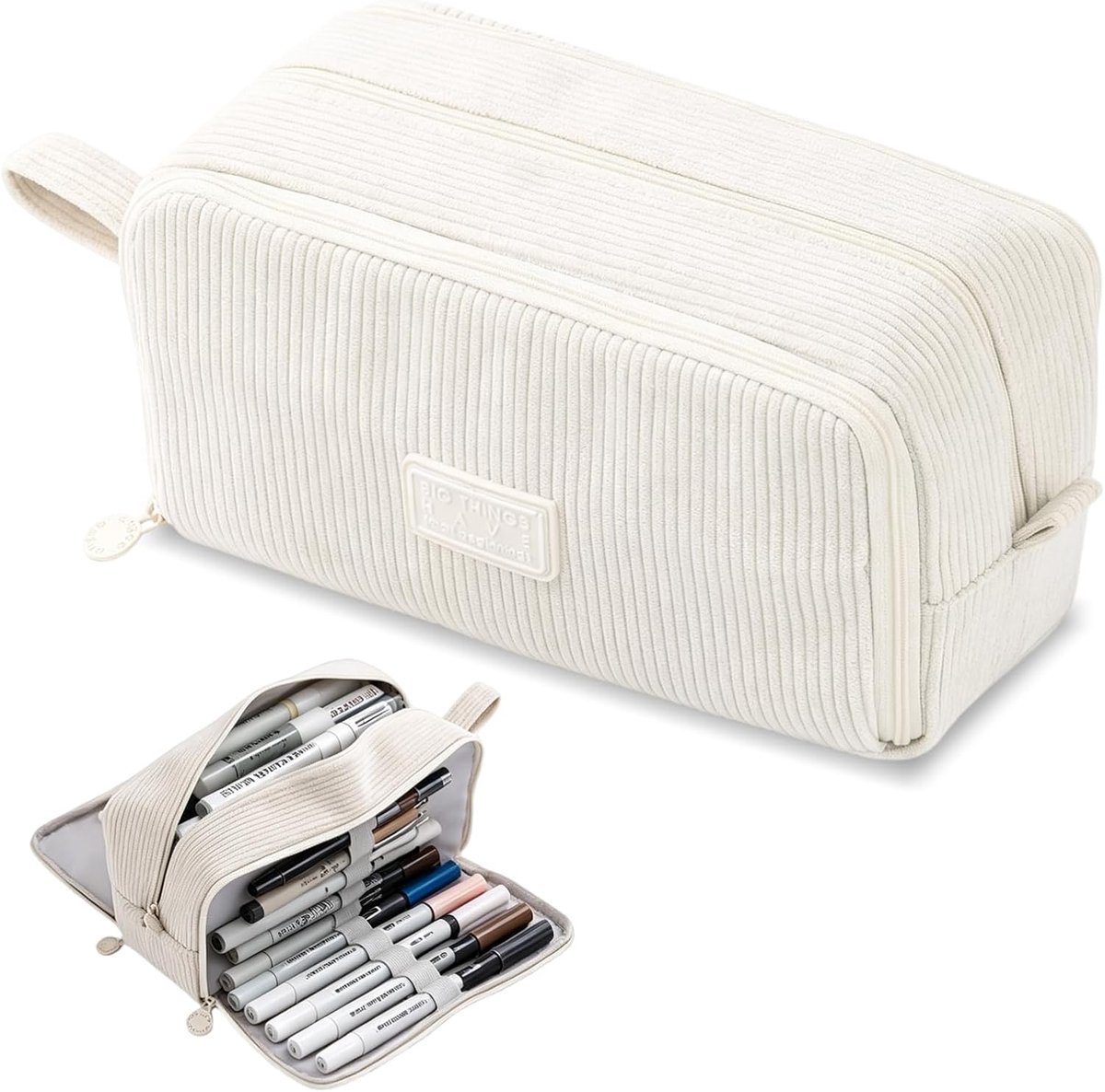 SnelShoppen - Pennenetui Corduroy met 3 Vakken, Grote Capaciteit, Draaggreep, Beige Etui voor School en Kantoor, Zachte en Duurzame Materiaal