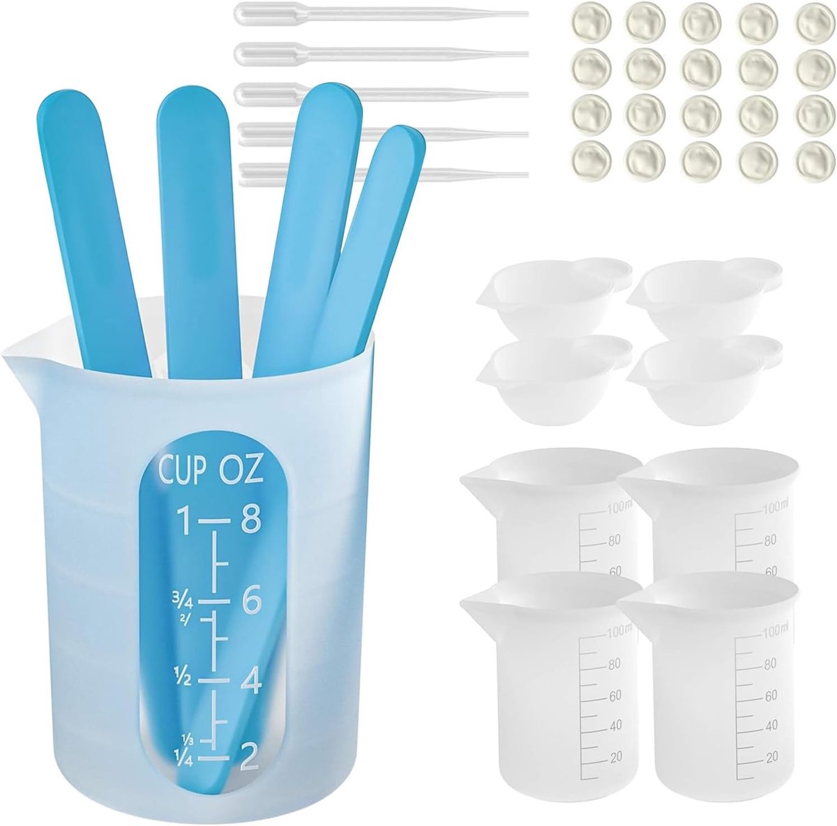 SnelShoppen - Silicone Maatbeker Set 250ml en 100ml, Messen, Roerstaafjes, Pipetten, Vingerlinge voor Epoxy Resin, Kaarsen, Mallen en Creatief Werken