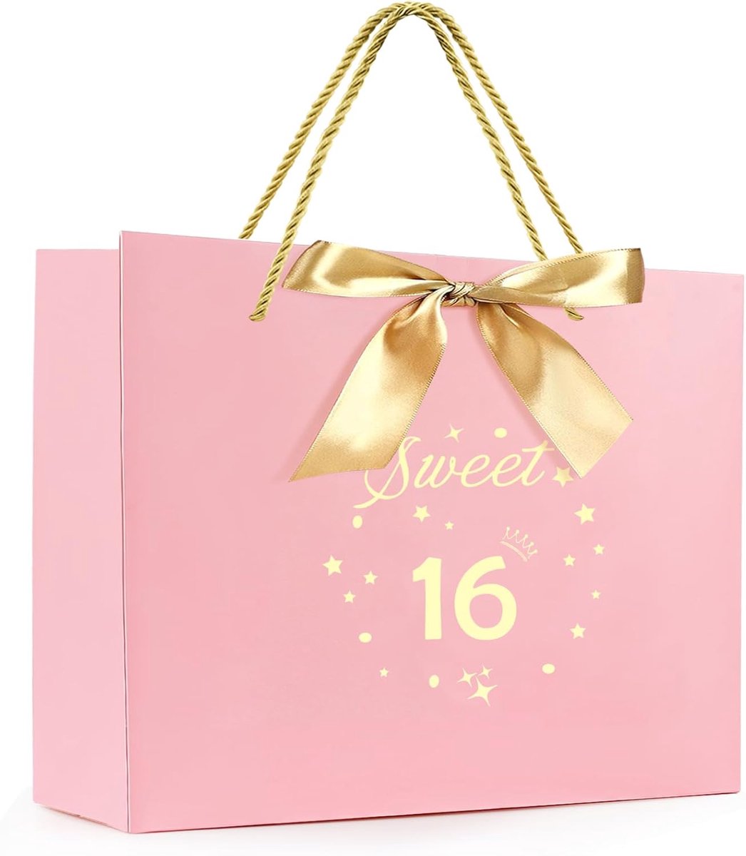 SnelShoppen - Verjaardag Cadeau Tas met Handvatten en Strik voor 16-Jarige Meisjes, Zoete 16 Papieren Cadeautassen, Teenvriendin Verjaardag Gift Bag,
