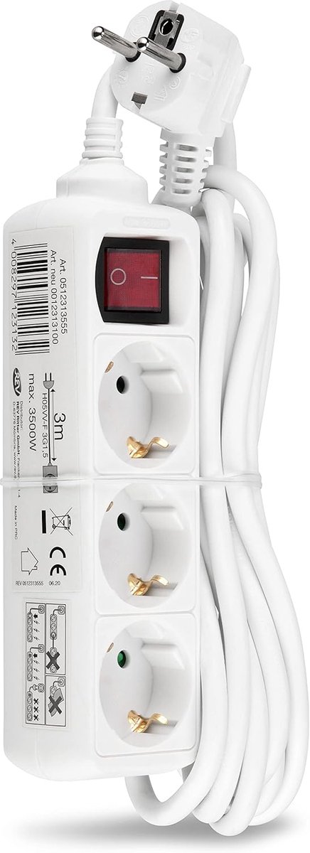 SnelShoppen - Socket Strip 3-Way voor Hoekstekkers, 3 m, 3500W, Wit - Verlengsnoer met 3 Stopcontacten voor Thuisgebruik, Flexibel en Duurzaam