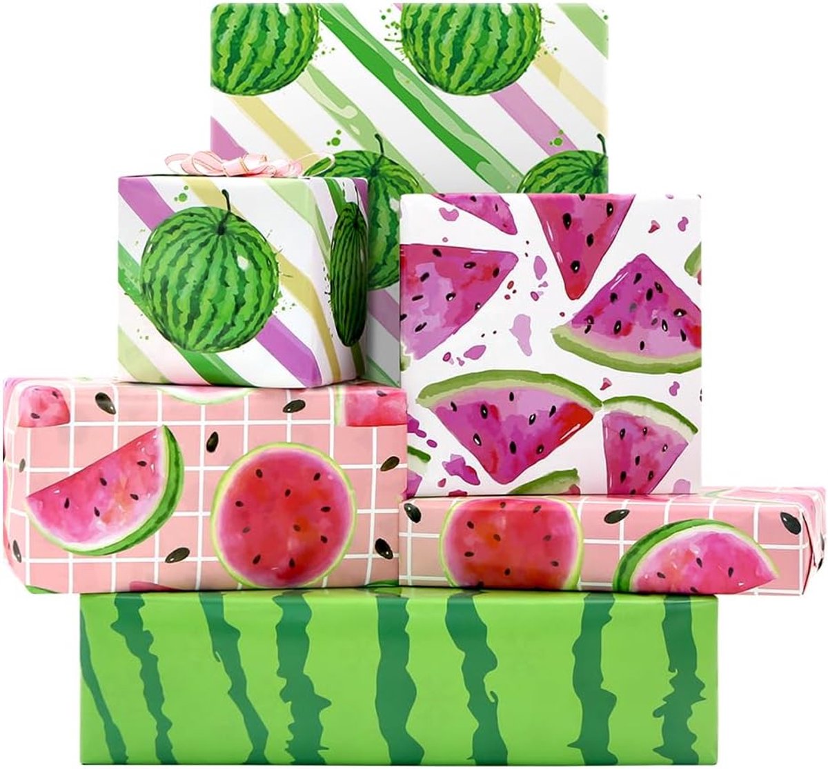 SnelShoppen - Watermelon Cadeaupapier - Leuke en Frisse Watermeloen Ontwerpen - 8 Vellen in 4 Ontwerpen - Perfect voor Zomerfeest, Verjaardag, Aloha L