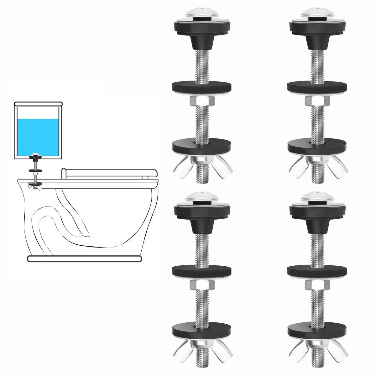 Universele toilettank schroeven set met roestvrijstalen afdichtingen voor toilet reparatie, 4 stuks, heavy duty, duurzaam en eenvoudig te installeren