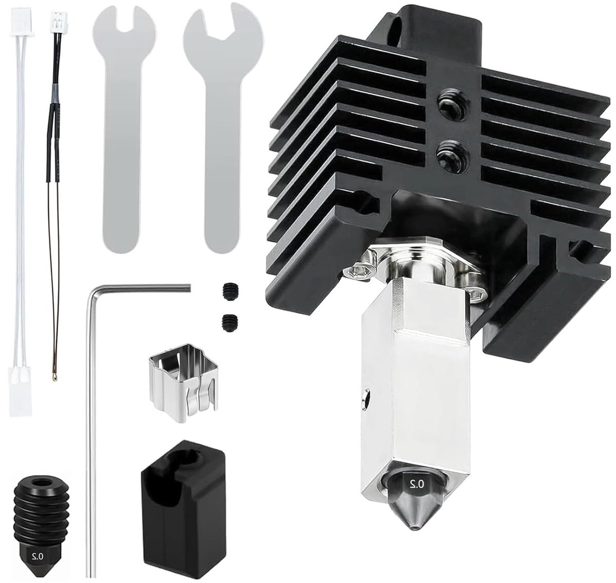Verbeterde 0.2mm Hotend Kit voor 3D Printers, met Geplateerd Koper Verwarmblok, Titanium Heatbreak en Stalen Nozzle, Inclusief Silicone Sok voor Verbeterde Prestaties