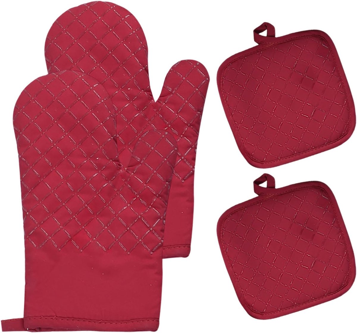 SnelShoppen - Set van 4 Hittebestendige Ovenwanten - Wasbaar tot 250 °C - Katoen en Siliconen - Antislip Grip - 17 x 27 cm - Rood - Voor Koken, Grille