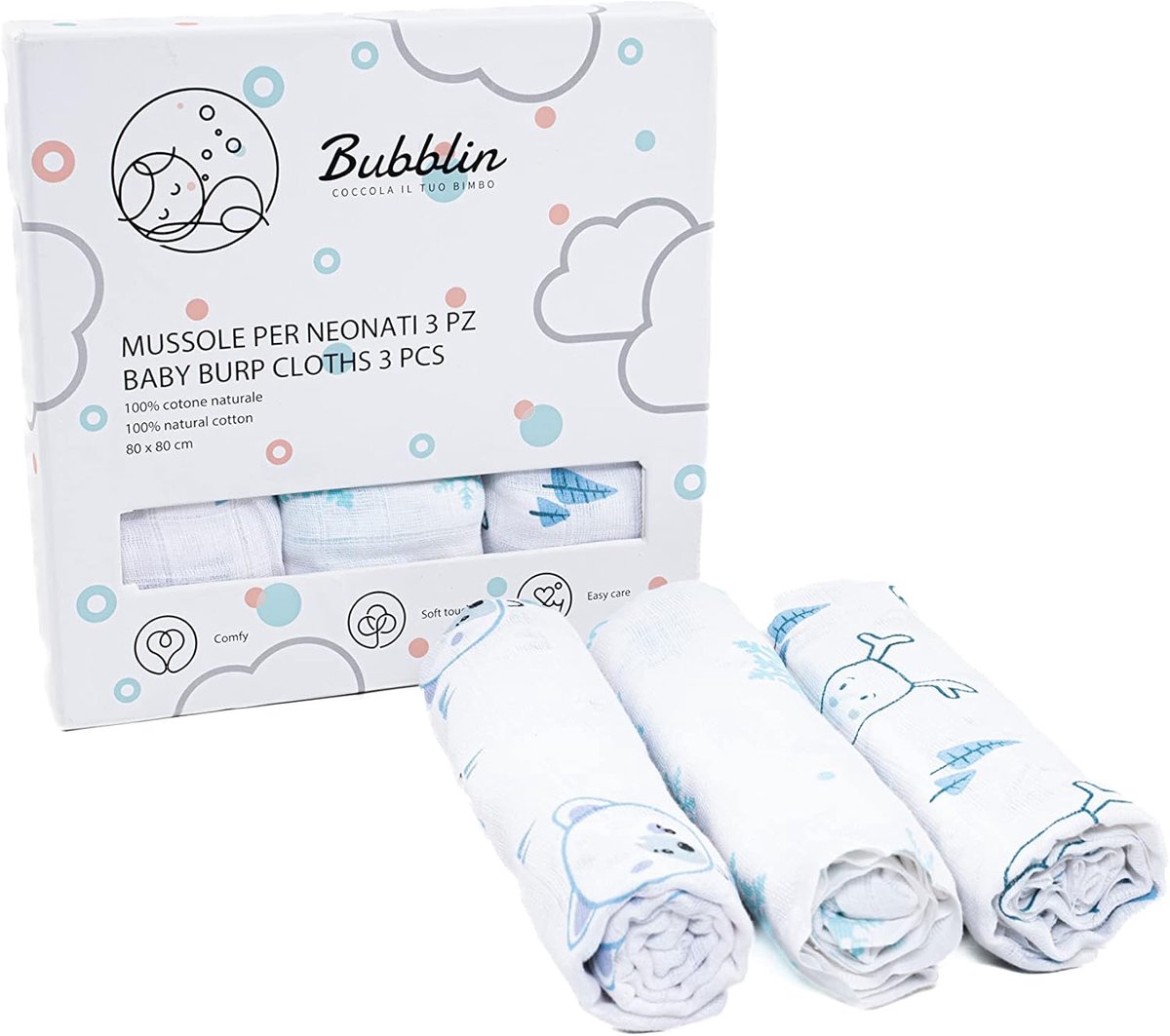 SnelShoppen - Set van 3 Baby Musselins 80x80 cm, Vierkant, Dubbel Stof, 100% Natuurlijke Katoen, OEKO-TEX Babydeken, Unisex Zacht en Pluizig Cadeau vo