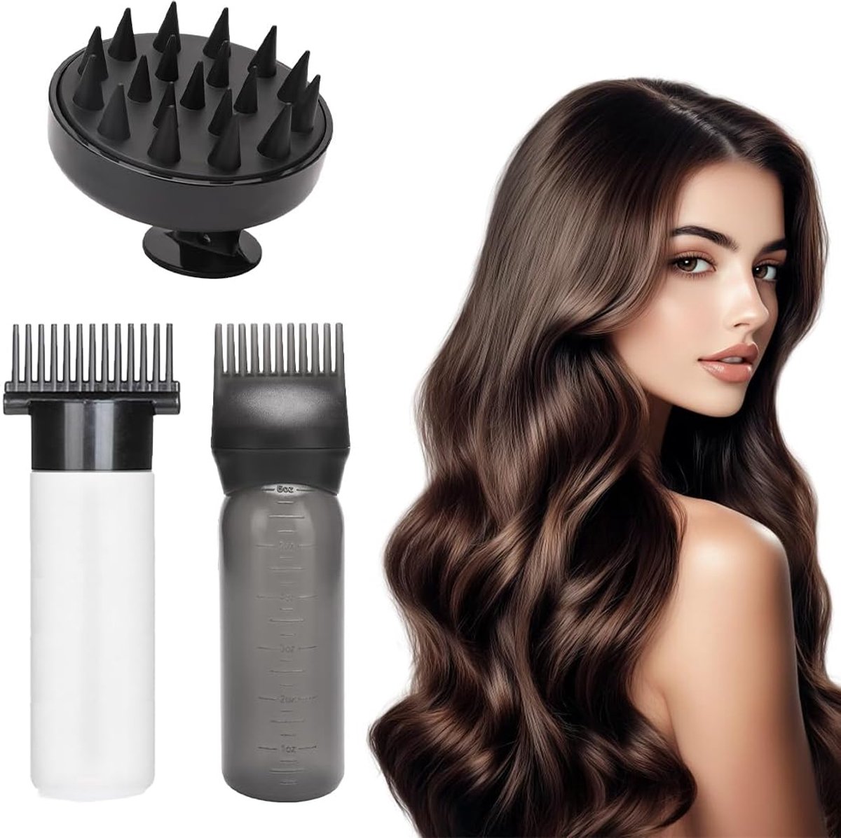 SnelShoppen - 3pcs Haarolie Applicatorset, Scalp Massager en Verf Applicator, Fles met Kam voor Haarroutes, Massageborstel voor Hoofd, Thuis en Kapsal