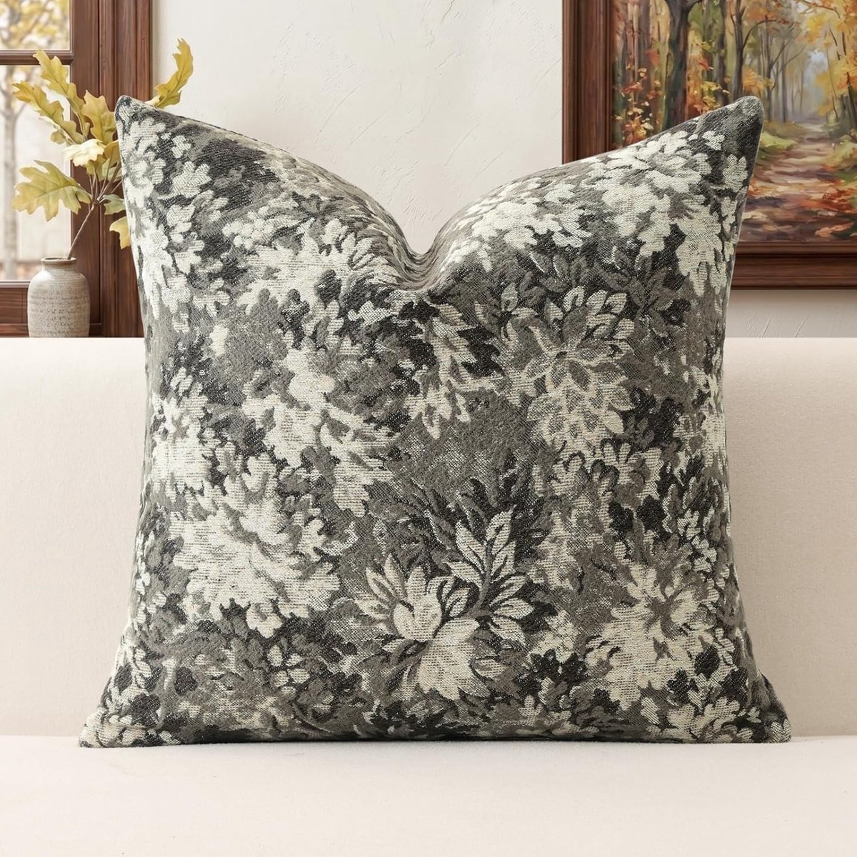 SnelShoppen - Vintage Chenille Kussenhoes 50x50cm, Neutraal Bloemmotief, Zachte Decoratieve Kussencover voor Woonkamer en Slaapkamer, Grijs Bruin, Boe