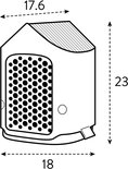 Schematische tekening van een insectenhotel met afmetingen: L17.6 x B18 x H23 cm.
