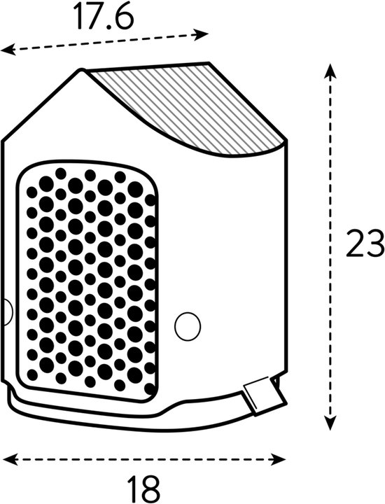 Schematische tekening van een insectenhotel met afmetingen: L17.6 x B18 x H23 cm.