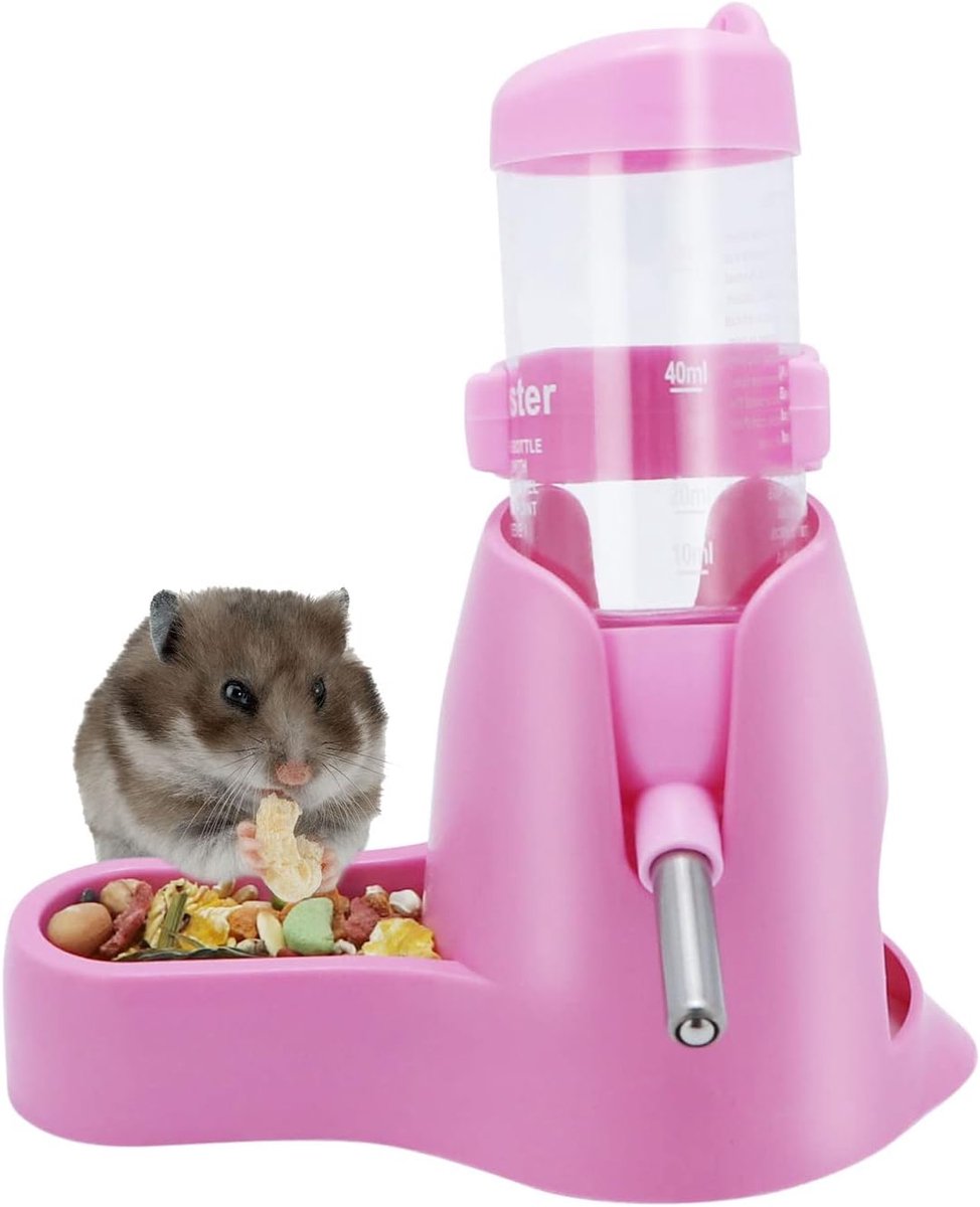Voeder - Drinkbak - Roze drinkfles - hangende automatische waterdispenser met voerbakbasis voor kleine huisdieren, afmetingen - 17 x 14 x 8.8 cm - 80 ml
