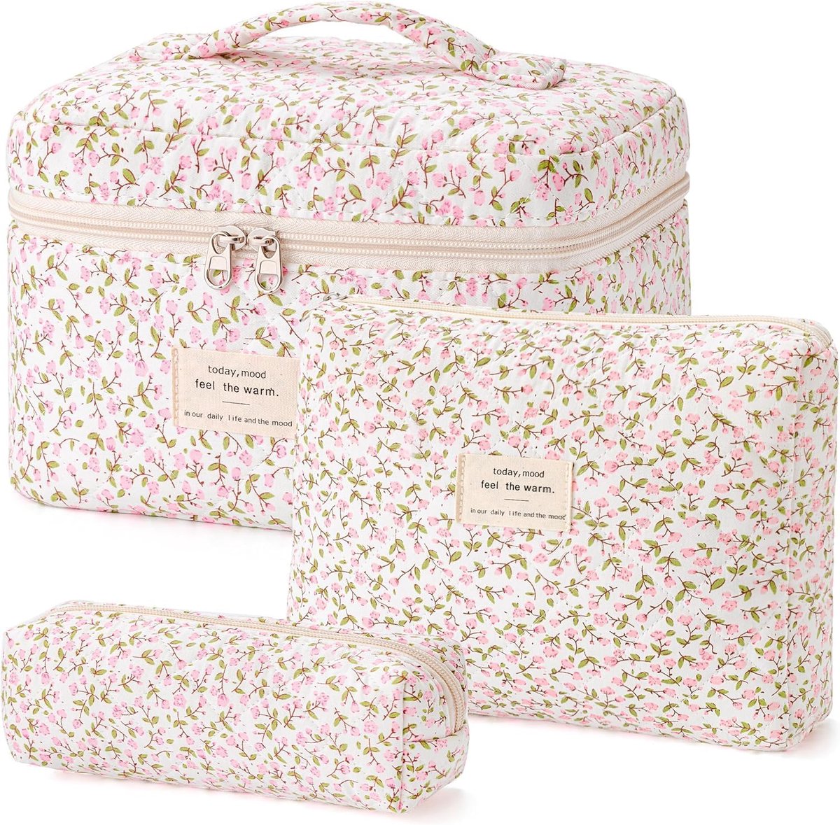 SnelShoppen - Coquette Cosmetic Bag Set van 3 - Toilettas voor Vrouwen - Bloemen Patroon - Ruime Make-up Tas - Zachte Katoen - Perfect voor Reizen en