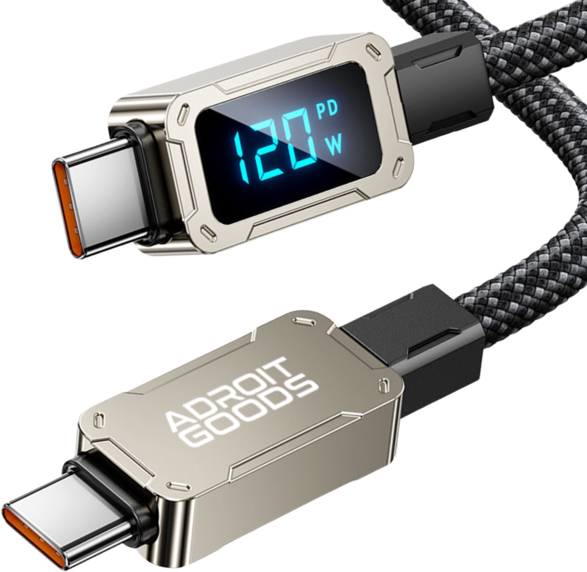 AdroitGoods USB-C naar USB-C Kabel 120W Snellader met Display PD Fast Charge Nylon Gevlochten Data Kabel 4K Video 20Gbps - 2 m
