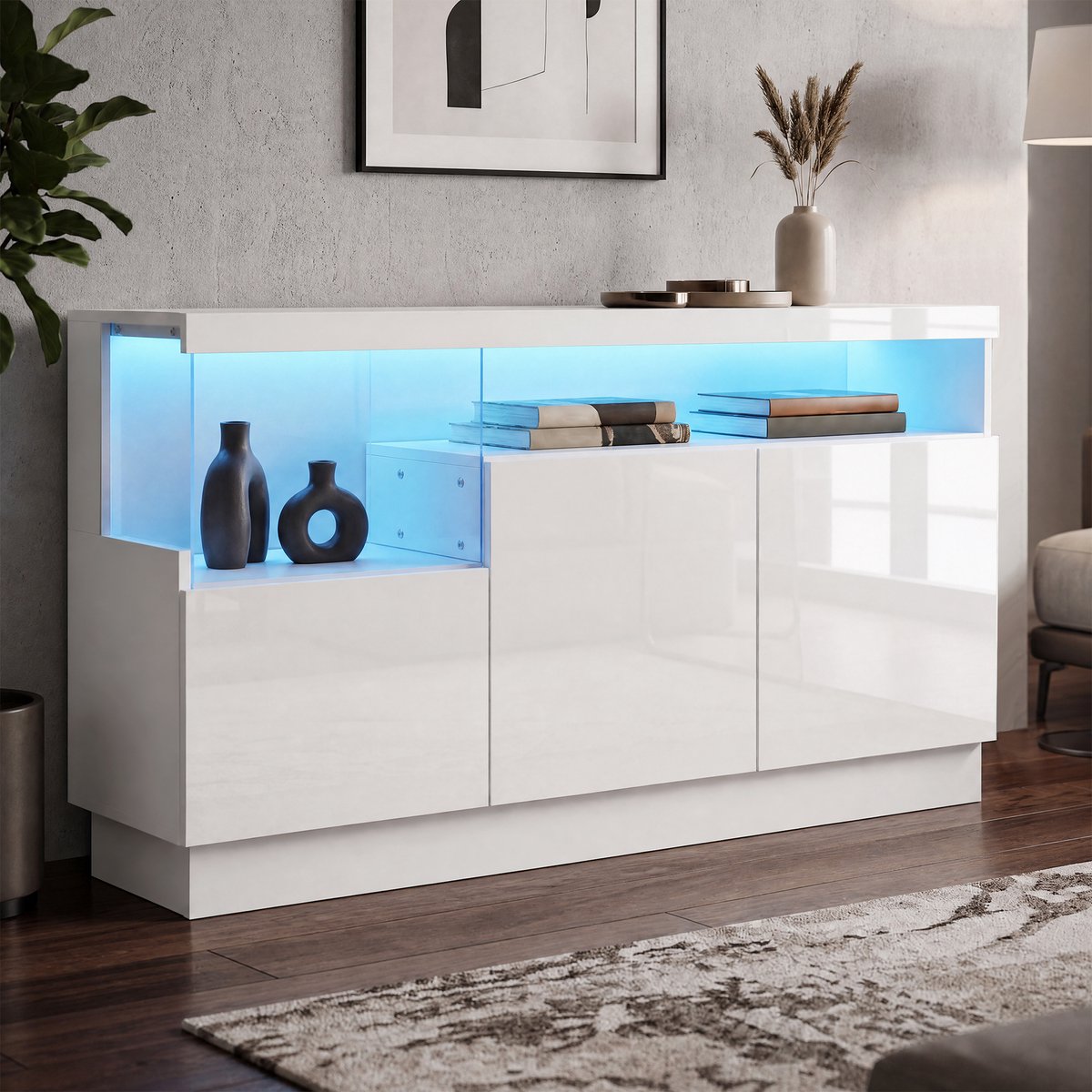 HAUSS SPOLE Dressoir - Hoogglans Met App-Gestuurde Ledverlichting En Acryl Vitrake - 3 Deuren Voor Woonkamer Of Eetkamer - Wit - 140x36x80 Cm