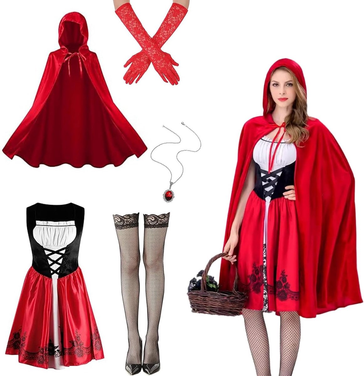 Volwassenen Roodkapje Kostuum met Jurk, Cape, Sieraden, Handschoenen en Zwarte Kousen voor Carnaval en Cosplay
