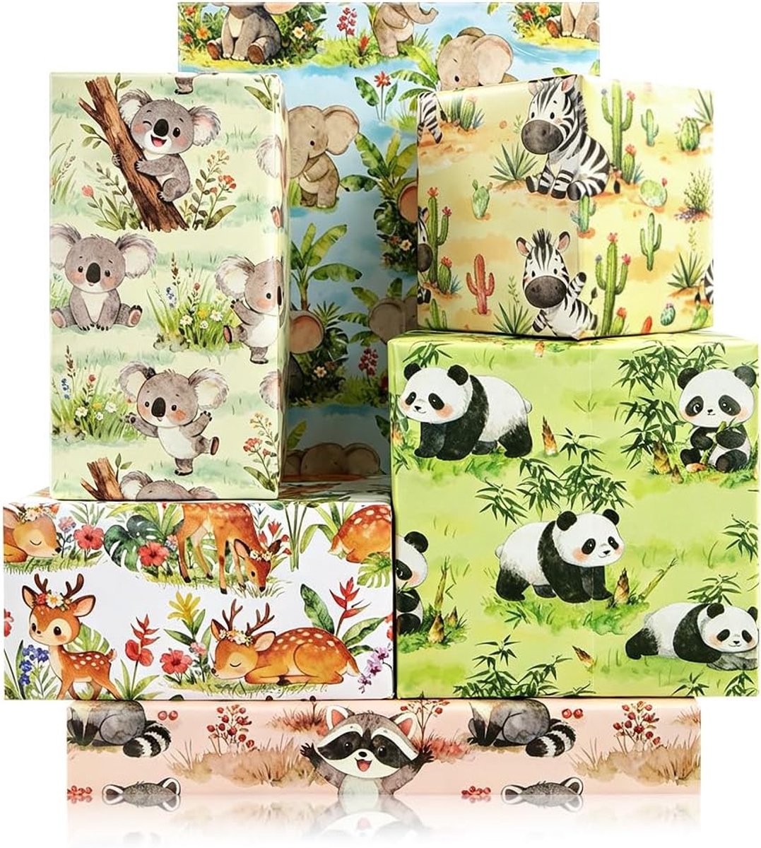 SnelShoppen - Safari Dieren Inpakpapier - 6 vellen jungle geschenkpapier met olifant, koala, panda, zebra - 60 x 50 cm voor verjaardag, babyshower, va
