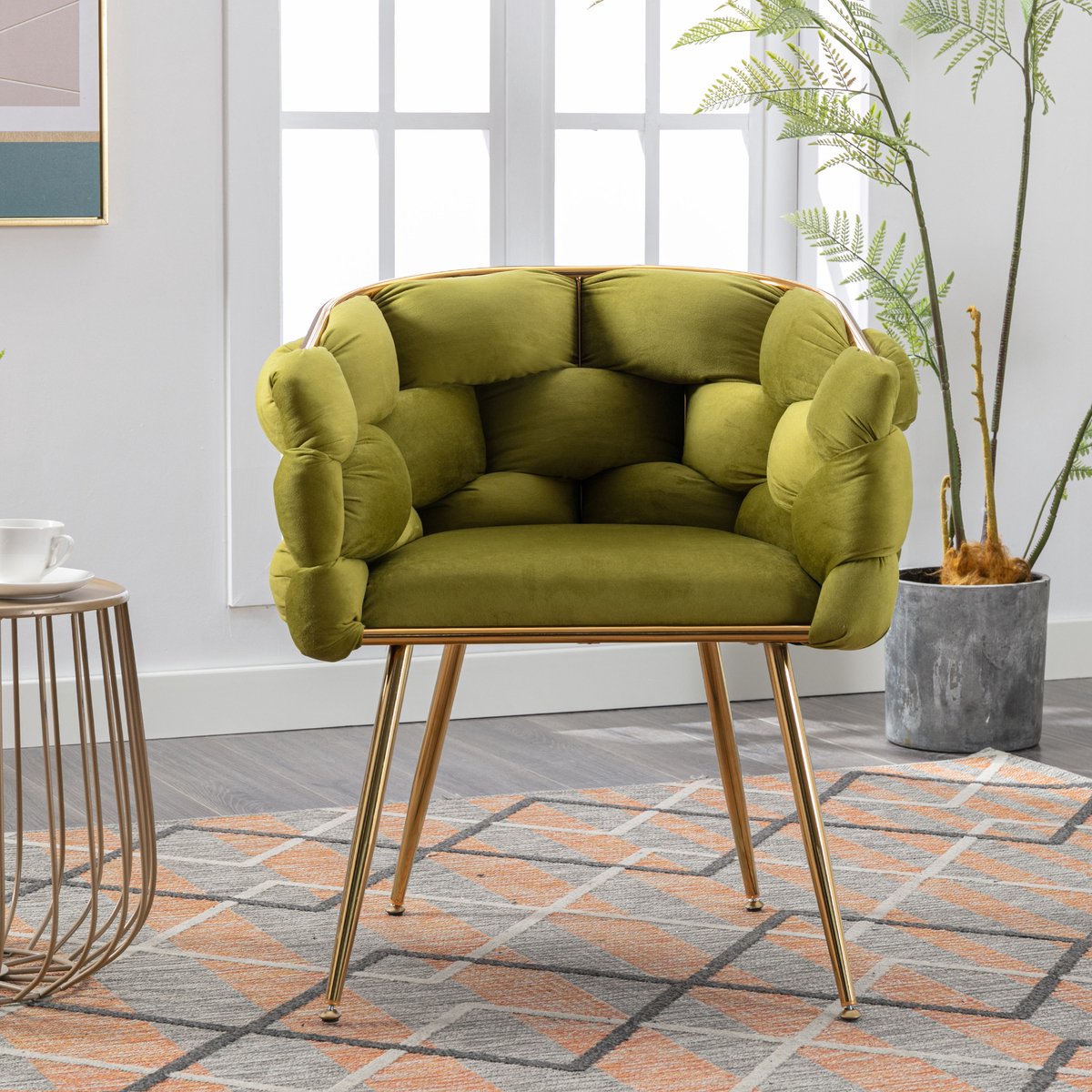 COVREO Fauteuil 58 x 59 x 75 cm - fluweel, armleuningen, metalen onderstel, olijfgroen Olive