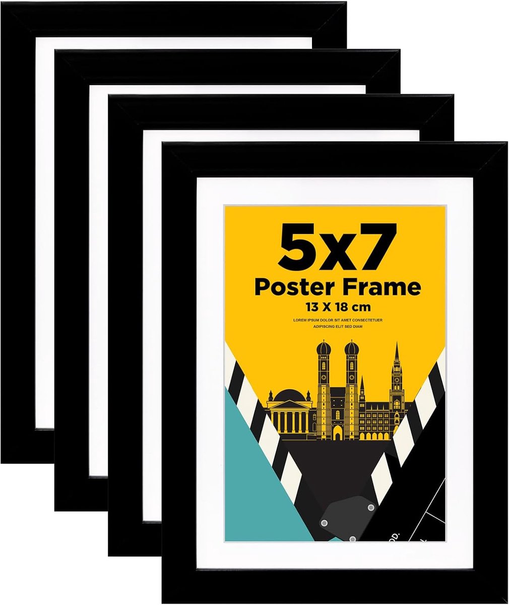 SnelShoppen - Set van 4 Fotolijsten 13x18 cm Zwart - Robuuste Houten Composiet Fotolijsten met Echt Glas voor 10x15 cm Foto's - Horizontaal of Vertica
