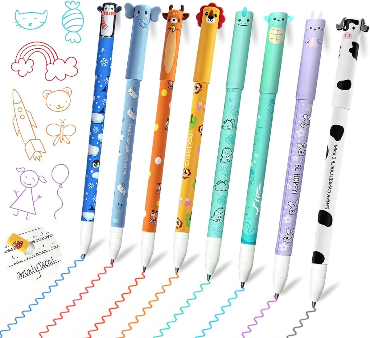 SnelShoppen - Set van 8 Uitwisbare Gelpennen met Grappige Diermotieven in Verschillende Kleuren voor Kinderen en Volwassenen, Perfect voor School, Wer