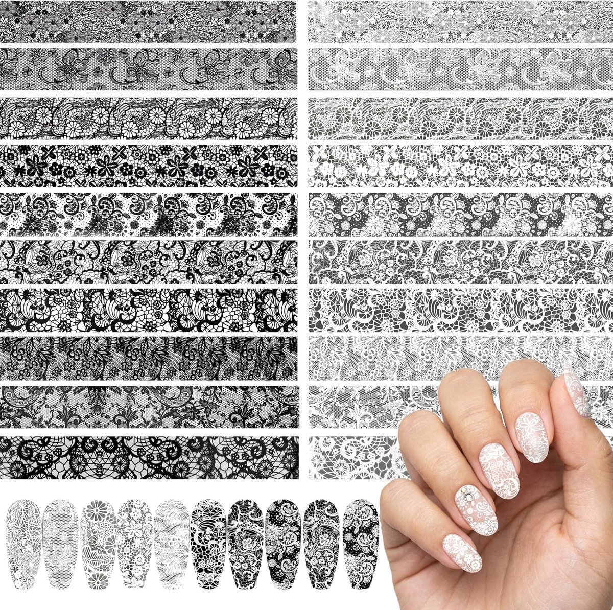 SnelShoppen - 20 Rollen Lace Nail Transfer Foil Stickers - Zwart en Wit - Perfect voor DIY Nagels, Nail Art Design en Salon Decoratie